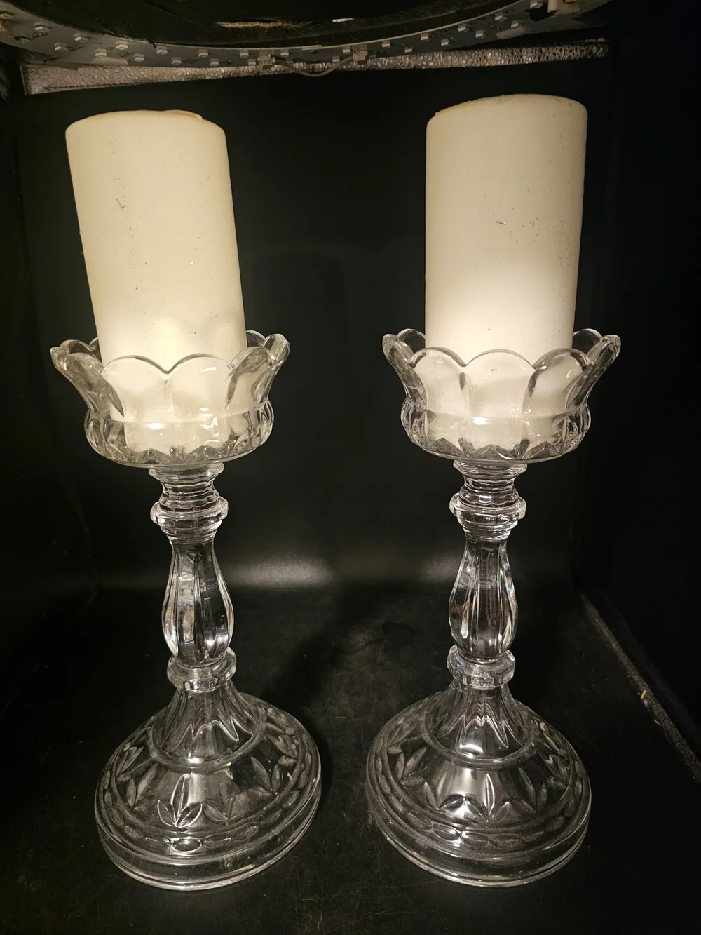 Pair of Clear Glass Scalloped Pillar Candle Holders